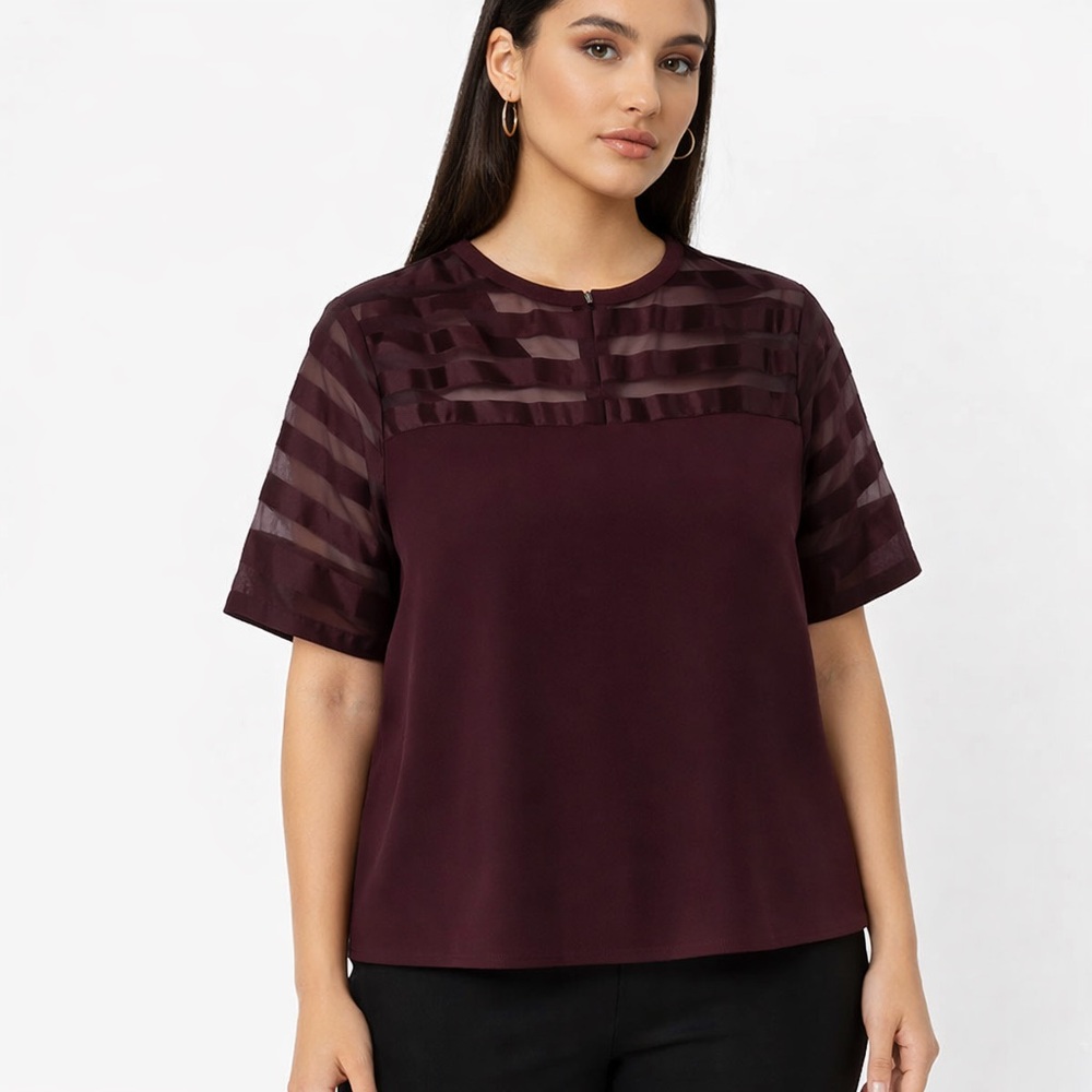 Forever 21 Burgundy Sheer Panel Short Sleeve Blouse Medium